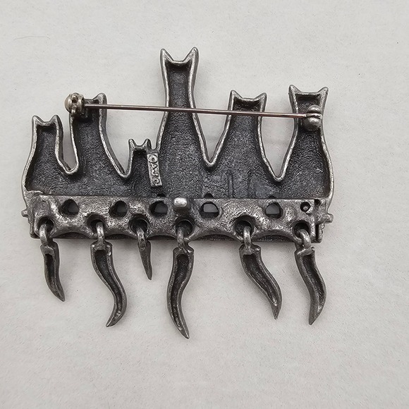 Vtg AJC Brooch Kitty Cats Pewter Green Eyes Articulated Dangle Tails 2.5" Pin - Picture 6 of 9